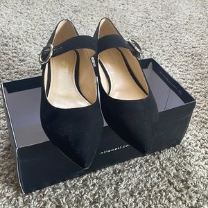 Nine West black flats strapped buckle suede